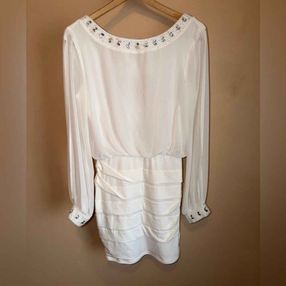 Jodi Kristopher White Long Sleeve Dress with Embellishments LOVE